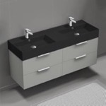 Nameeks DERIN263 Double Bathroom Vanity With Black Sink, Floating, 56 Inch, Grey Mist